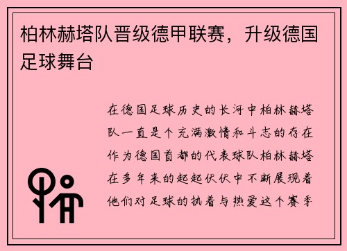 柏林赫塔队晋级德甲联赛，升级德国足球舞台