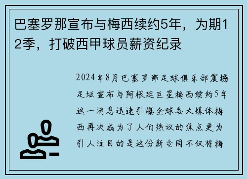 巴塞罗那宣布与梅西续约5年，为期12季，打破西甲球员薪资纪录