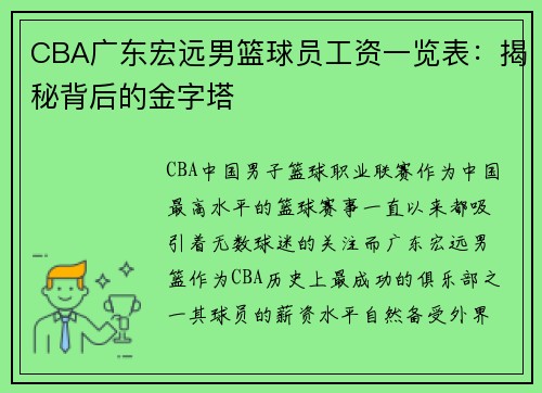 CBA广东宏远男篮球员工资一览表：揭秘背后的金字塔
