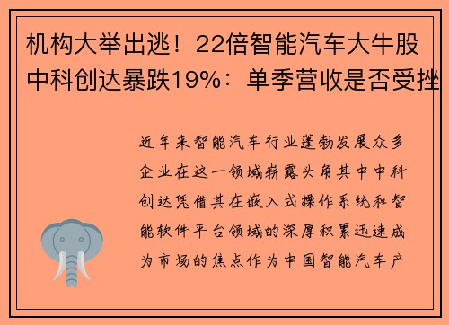 机构大举出逃！22倍智能汽车大牛股中科创达暴跌19%：单季营收是否受挫？