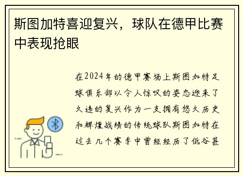 斯图加特喜迎复兴，球队在德甲比赛中表现抢眼