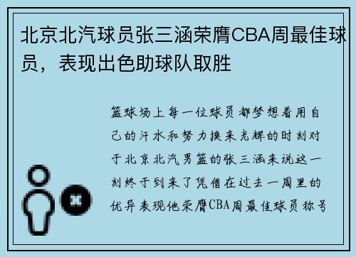 北京北汽球员张三涵荣膺CBA周最佳球员，表现出色助球队取胜