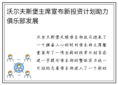 沃尔夫斯堡主席宣布新投资计划助力俱乐部发展