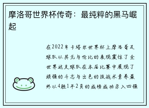 摩洛哥世界杯传奇：最纯粹的黑马崛起
